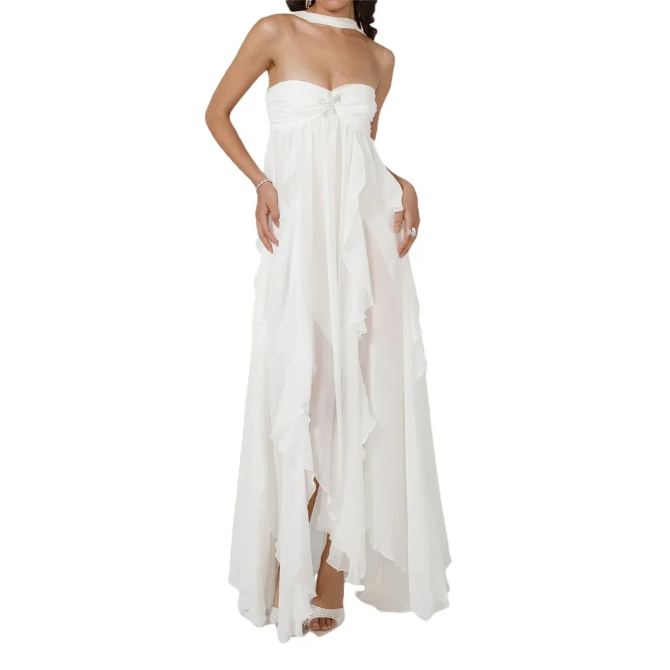 

Fashion Women Summer Sleeveless Dress Irregular Ruffled Hem Backless Cocktail Party Dress for Beach Club Streetwear