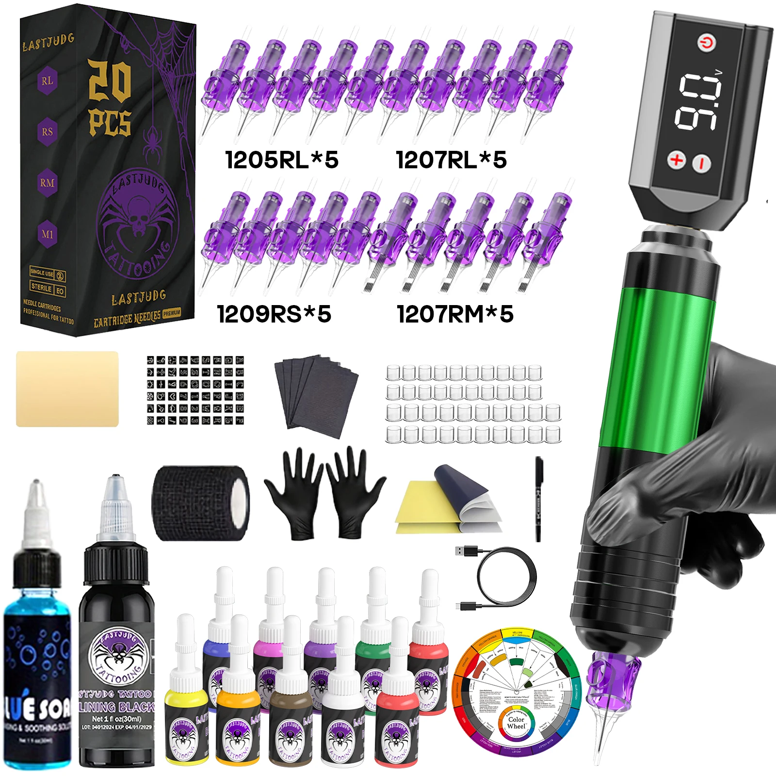 

LASTJUDG Набор для татуировки Зеленый сплав Набор ручек для татуировки для перманентного макияжа Набор тату-машин Беспроводной источник питания для татуировки Набор для татуировки