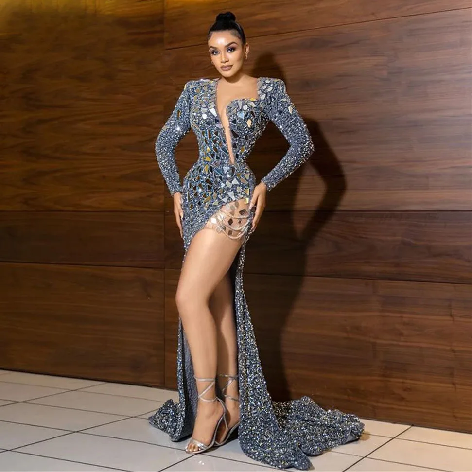 

Блестящие африканские длинные платья с блестками для выпускного вечера вышитое бисером кристаллами официальное платье сексуальные вечерние платья с разрезом платье для вечеринки