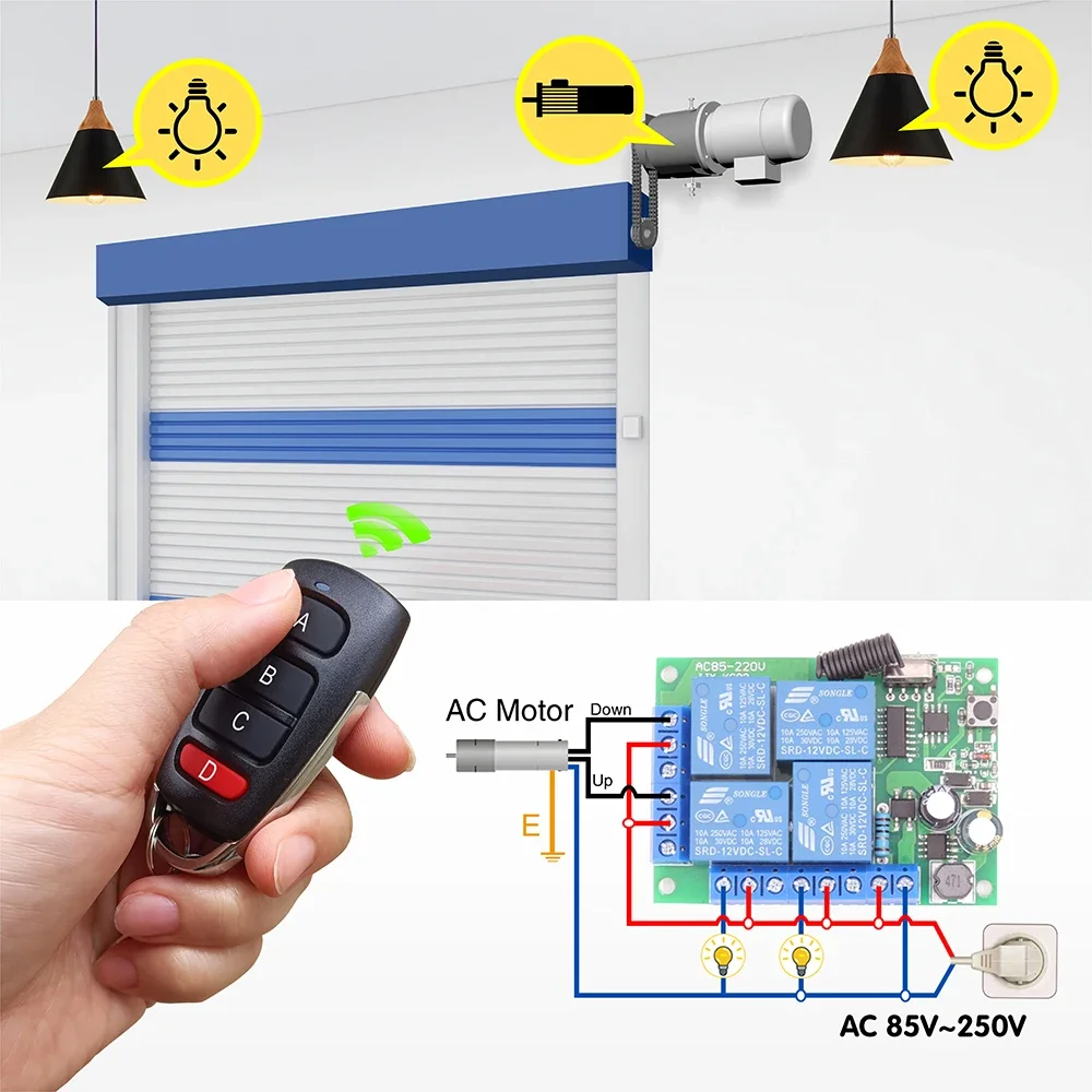 433MHz Universal Wireless Remote Control Switch AC 110V 220V 10A 4CH RF Relay Receiver Module for Gate Garage Door LED Motor DIY