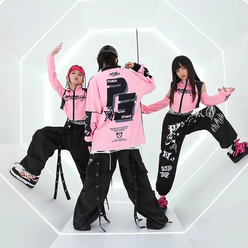 Costume de danse Hip Hop pour filles, hauts roses, pantalons noirs, vêtements de spectacle de danse Jazz pour adolescents et garçons, tenues Kpop, vêtements de scène pour enfants