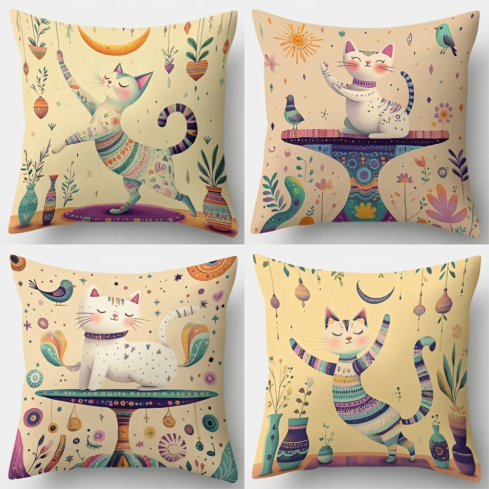4pcs Cute cat with floral pattern single-sided digital printing pillow cover Short plush Suitable living rooms bedrooms sofas
