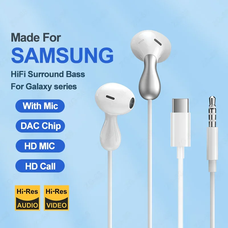 New Type C Wired Headphones For Samsung Galaxy S24 S23 S22 Ultra Usb-C Headset A53 A52 A34 A54 Note 20 10 3.5mm Jack Earbuds