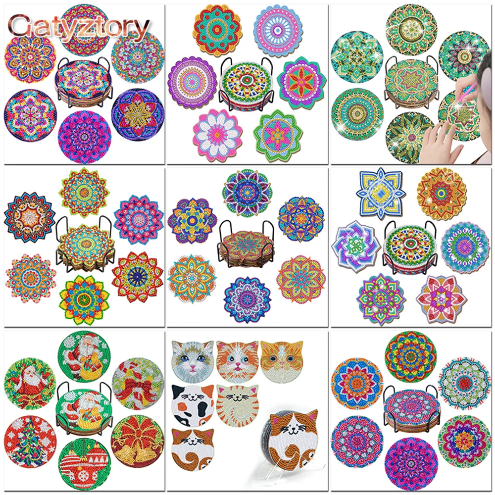 GATYZTORY 6pc/sets DIY Diamond Painting Coasters Full Drill Diamond Mosaic Mandala Round Cup Coasters With Holder Accessories