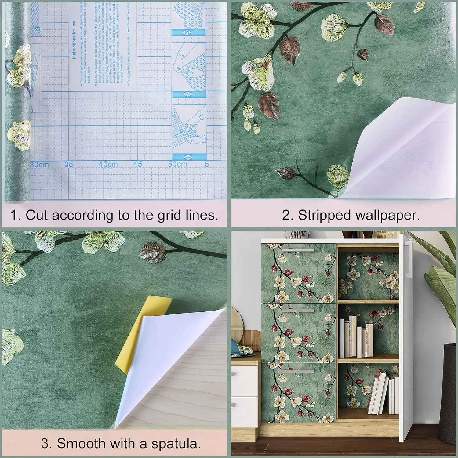 Green Floral Peel and Stick Wallpaper Removable Waterproof Self‑Adhesive Contact Paper Vinyl Film for Bedroom Home Wall Decor