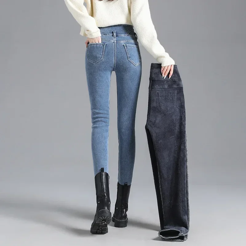 Women Thermal Jeans Winter Snow Warm Plush Stretch High Waist Jeans Lady Skinny Thicken Denim Retro Blue Pants Mom Sexy Trousers