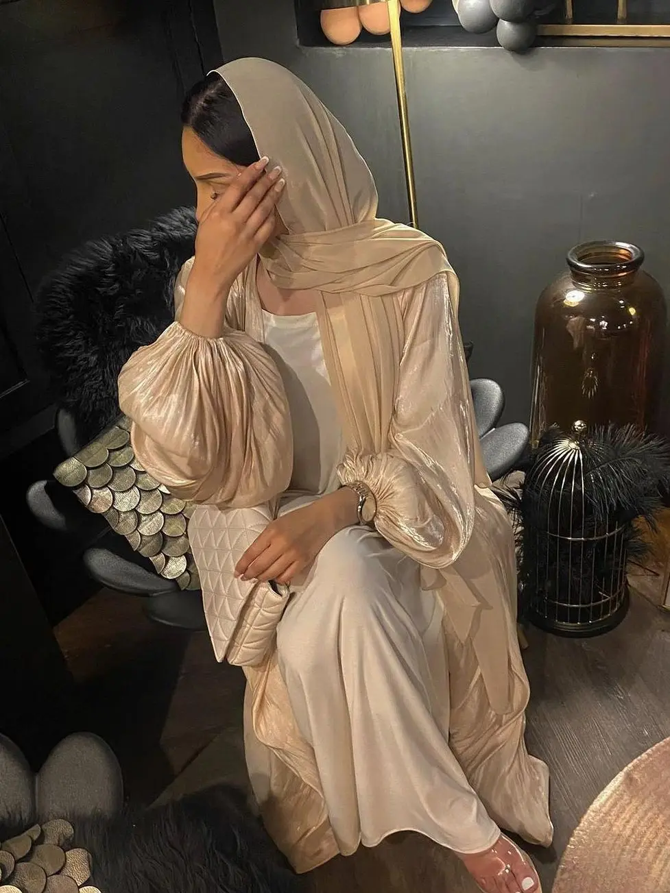 

Eid Djellaba Abaya Dubai Shiny Soft Cuff Sleeves Muslim Dress Silky Kimono Dubai Turkey Muslim Dress Islam Abayas With Belt WY56