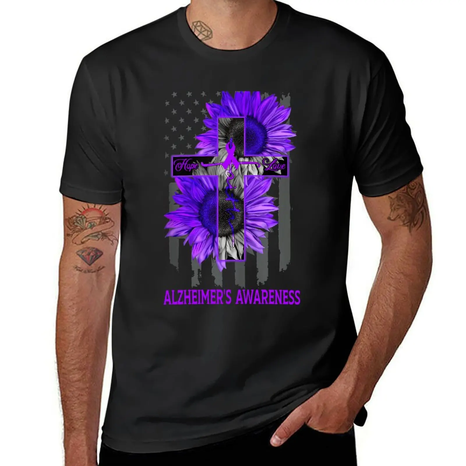 

Faith Hope Love American Flag Sunflower Christian Cross ALZHEIMER'S Awareness T-Shirt anime tshirt mens funny t shirts