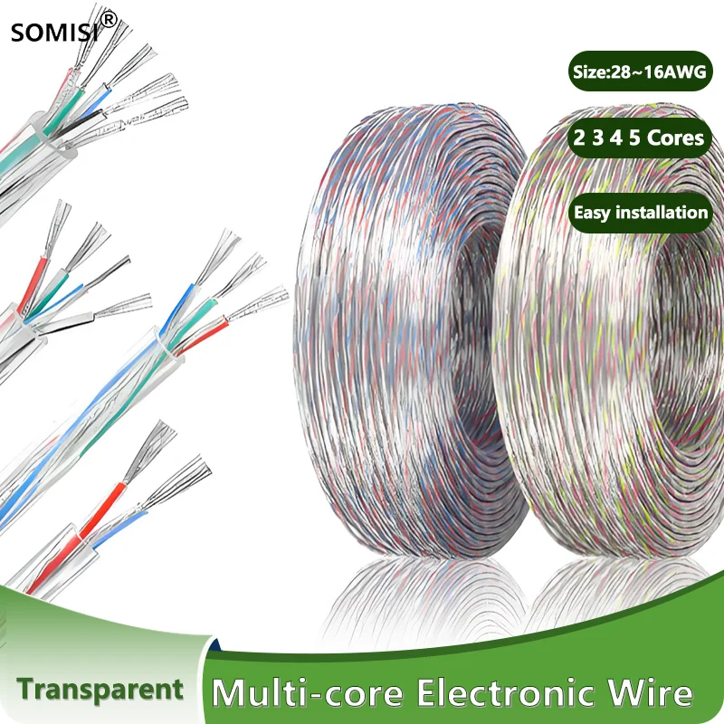 1~20m Transparent Power Cord PVC Insulation Tinned Copper Cable 2 3 4 5 Cores LED Light Electronic Wire 28/26/24/22/20/18/16AWG