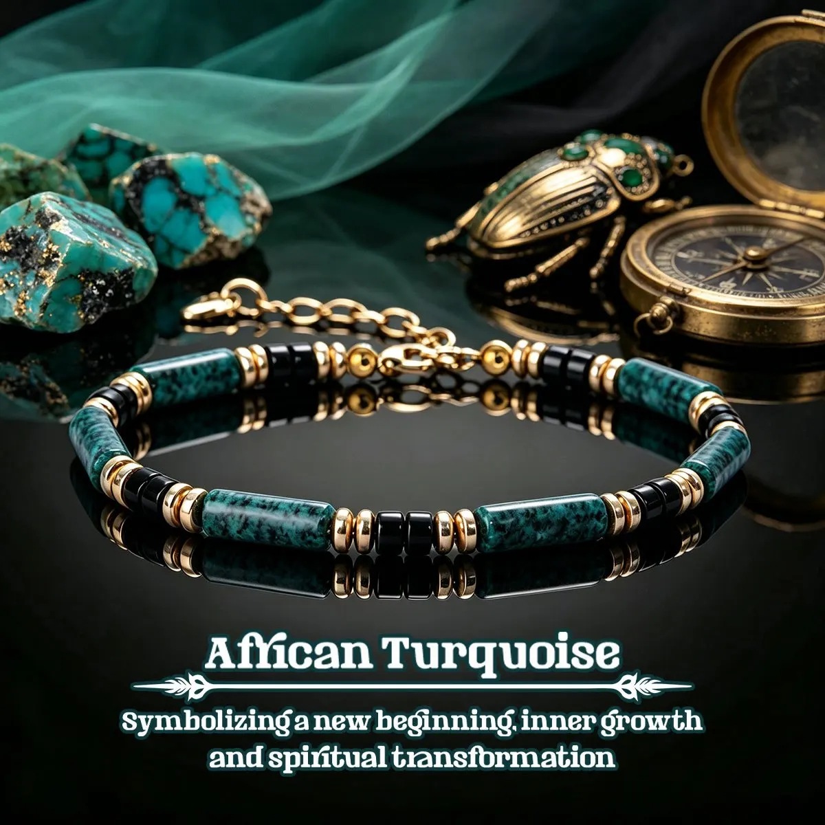 1pc Leisure style African turquoise 6mm tube bead bracelet, symbolizing a new beginning, adjustable buckle, unisex jewelry
