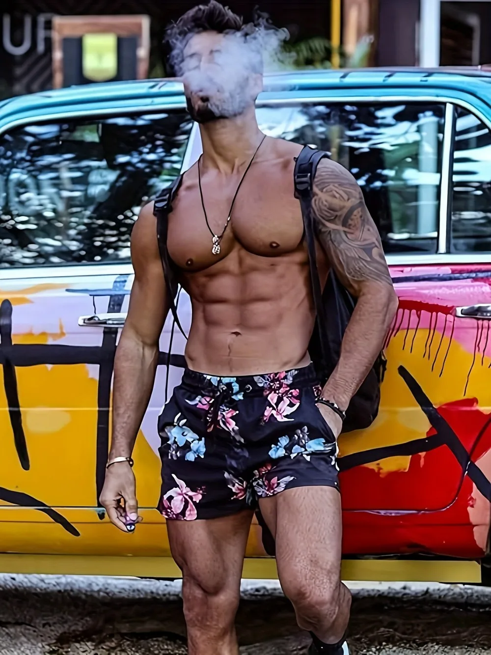 

American men's summer surfing personalized flower graffiti print comfortable breathable drawstring shorts outdoor casual pants