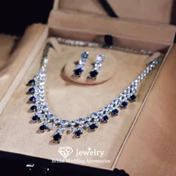 CC Elegant Jewelry Set Wedding Accessories Women Bijoux Bridal Dress Engagement Jewellery Blue Color Necklace Earring Sets T0137