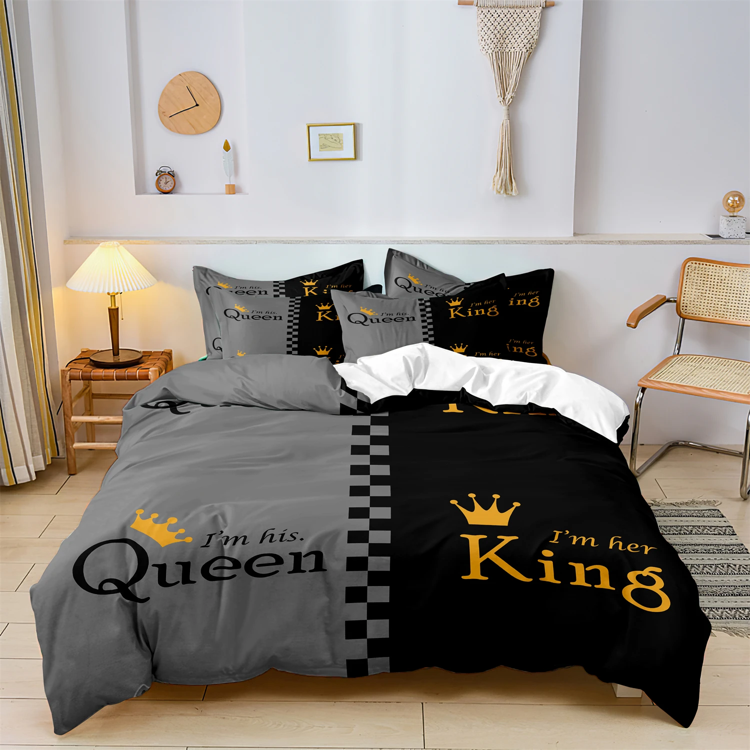 

King Queen Couple Bedding Set 3Pcs Crown Letter Duvet Cover Set Black Grey Romantic Quilt Cover Pillowcase Bedroom Decoration