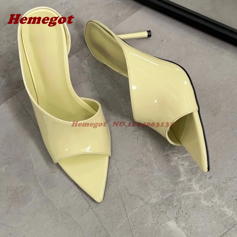 Pink Patent Side Air Slippers Pointy Toe Glossy Stiletto High Heels Women's Mules Side-Strap Summer Outside Concise Shoes Sexy