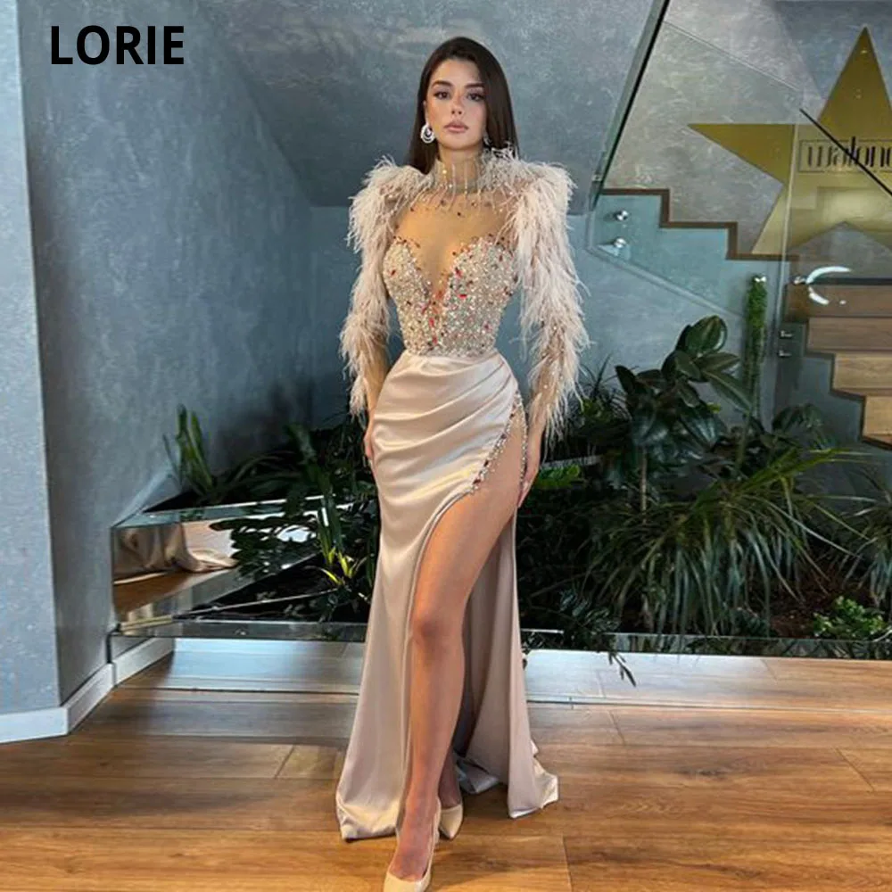 Loire charming dubai sereia vestidos de baile 2022 longo pescoço alto glitter cristais penas arábia saudita robes de soirée vestidos de festa