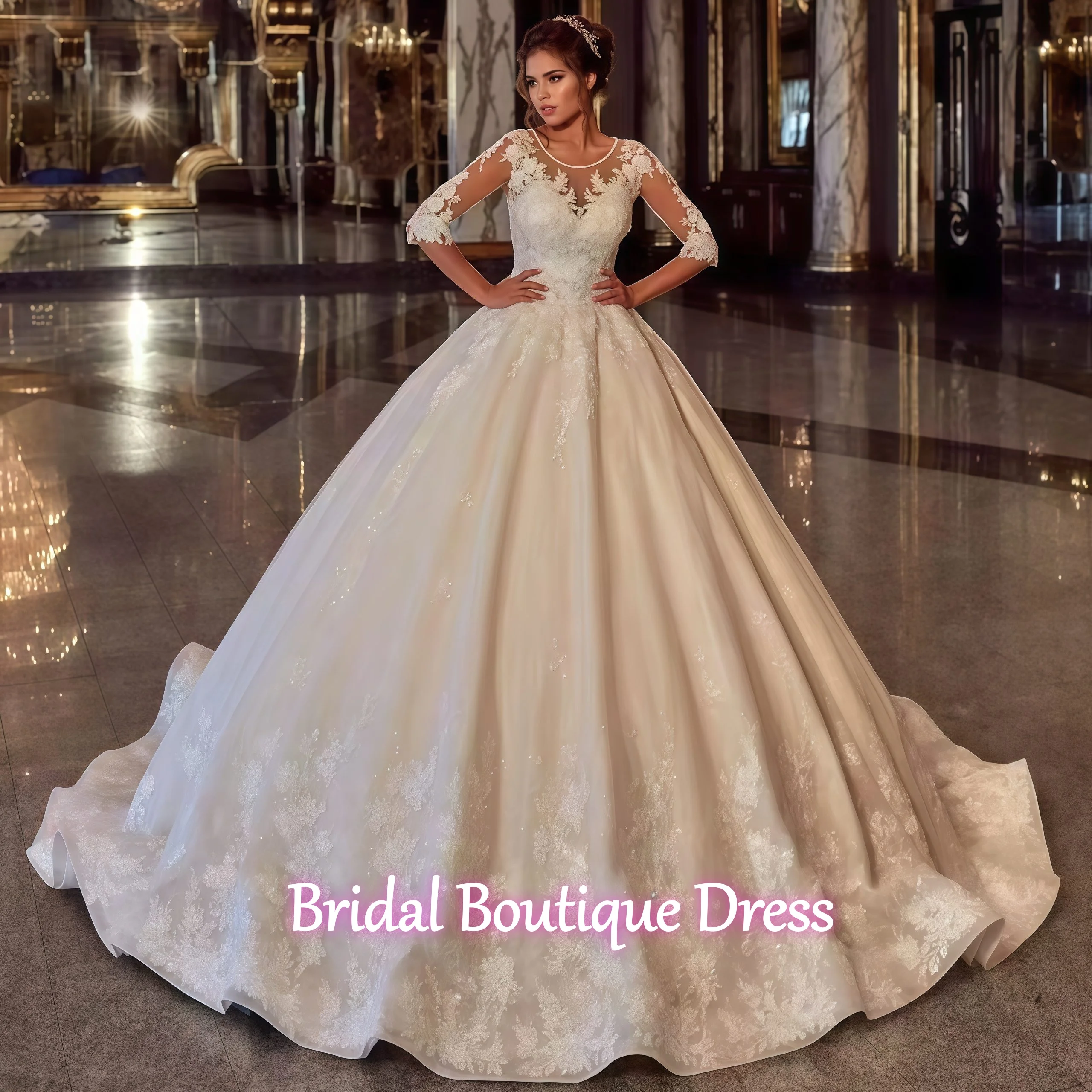 Vestido De novia personalizado con apliques De encaje y perlas, exquisito cuello redondo, mangas 2026, vestido De novia De tul con cordones