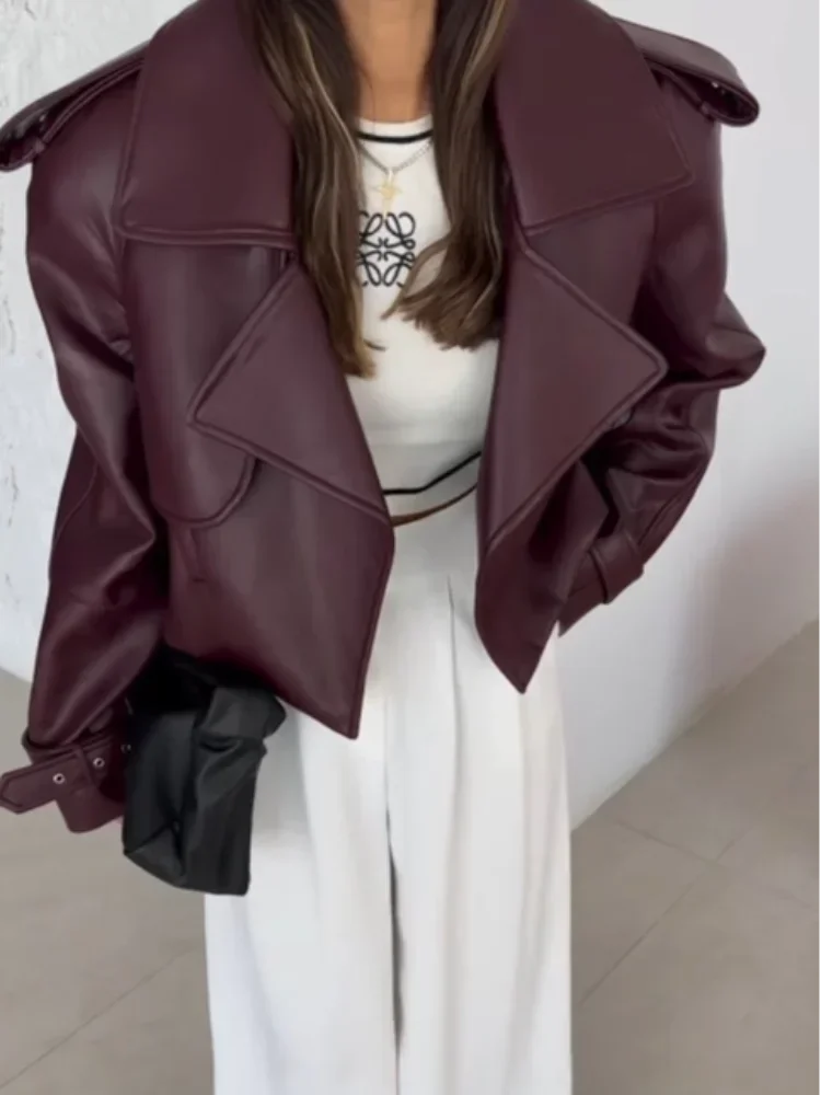 Jaket kulit wanita, Chic Burgundy, jaket kulit crop, untuk wanita, elegan kerah V, lengan panjang, mantel pendek, pakaian luar mode wanita 2025