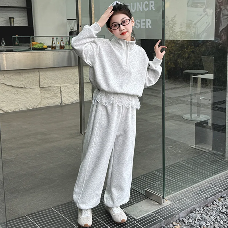 

Teenager Girls Korean Tracksuit Autumn Kids Girls Lace Patchwork Half Zipper Sweatshirt Children Girls Sport Pant 4-14Y Girl Set