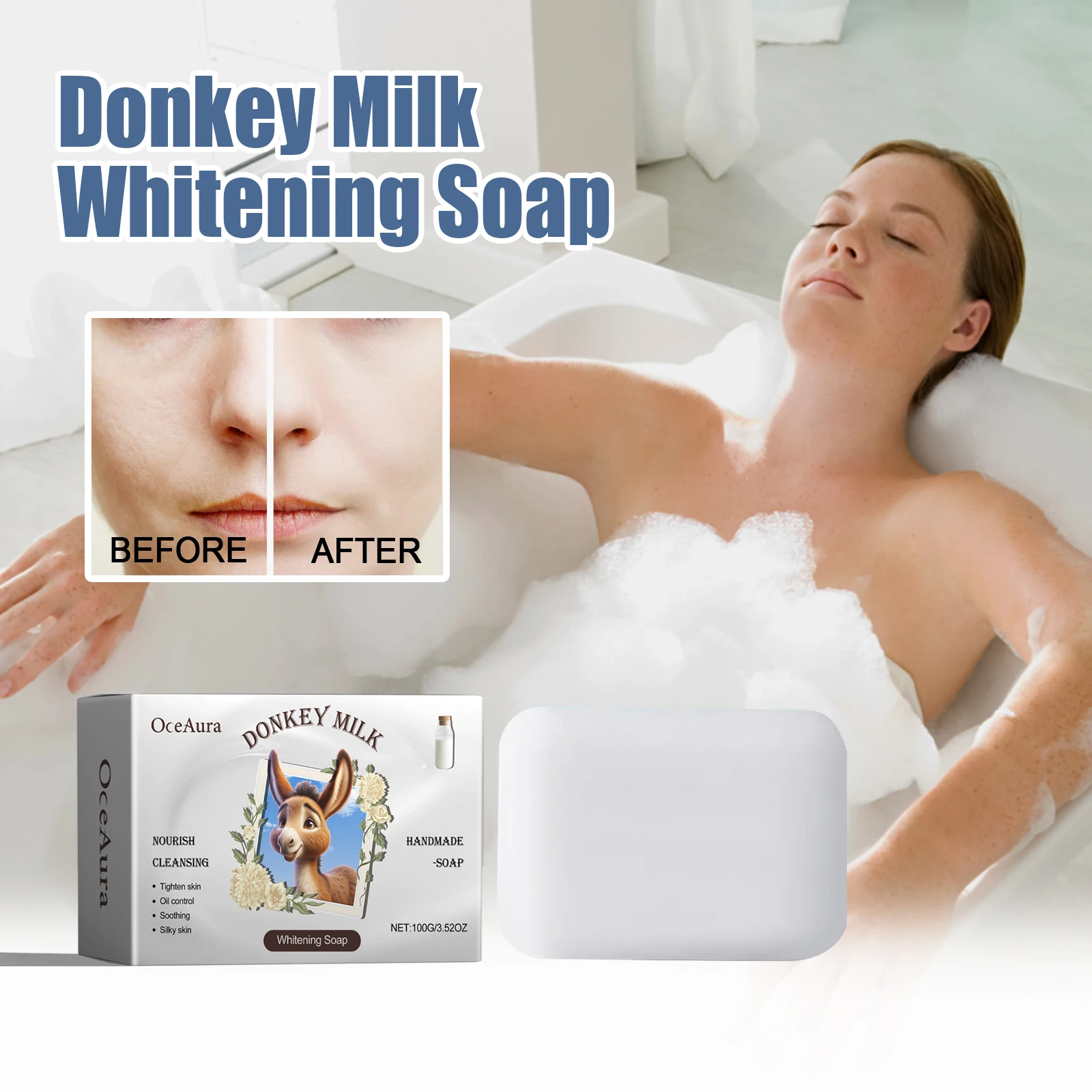 OCEAURA Donkey Milk Whitening Soap with Donkey Milk,Butyrospermum oil Bath Soaps Donkey Milk Soap Suitable for all Skin Types