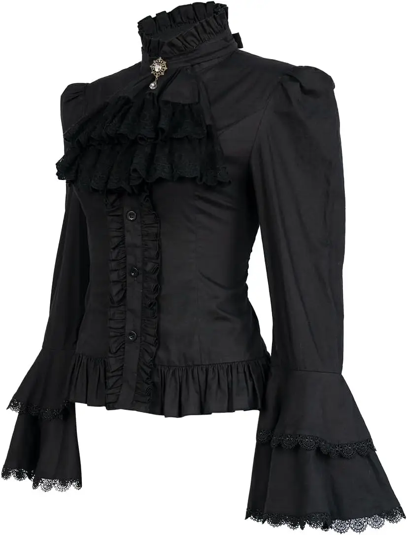 

High Collar Button Up Shirt Long Sleeves Women Gothic Blouse Tops Jabot Tie Halloween Victorian Costume