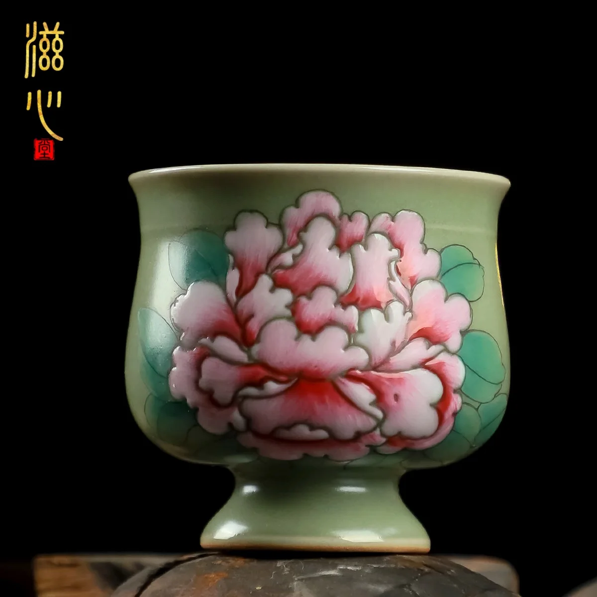

High-Grade Bean Cyan Hand Painted Peony Ceramic Cup Tea Kung Fu Set Single Gift Box