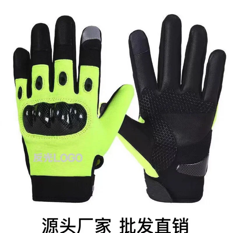 Iron Riding Full Finger Gloves Fluorescent Green Yellow Reflective Carbon Fiber Leather Combat Training Duty Riding Motorcycle M