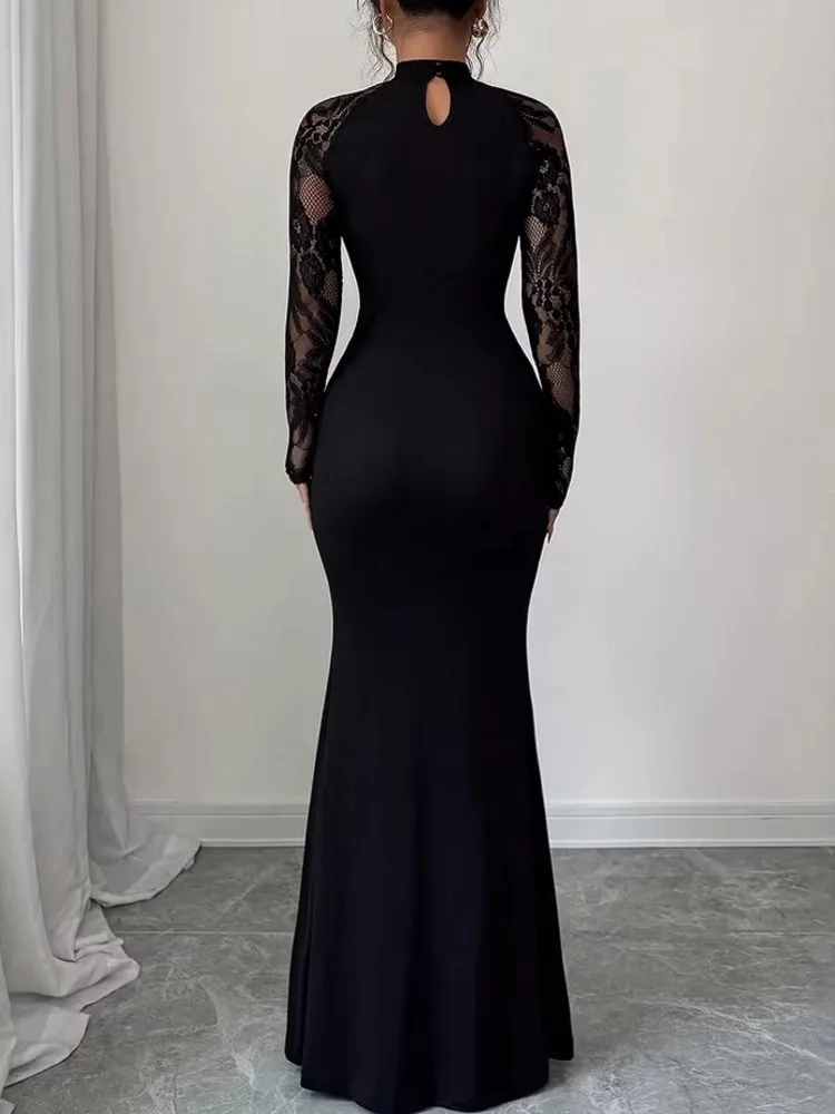 2026 Spring Autumn Winter Dress Women Long Sleeve O-Neck Solid Sexy Elegant Evening Party Skinny Stretch Maxi Bodycon Dresses