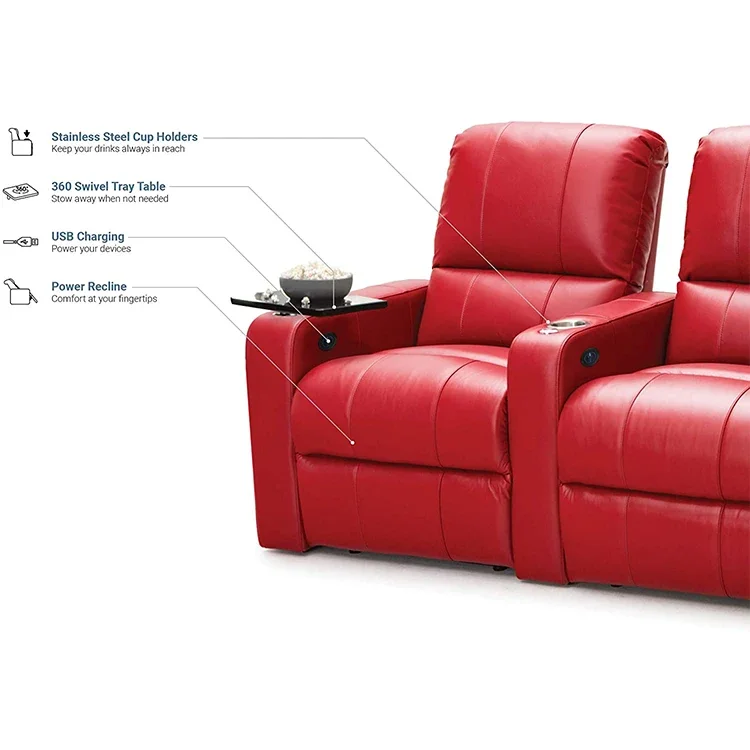 High Quality 3-Seater Red Recliner Cinema Sofa With Cup Holder Coffee Table Canape De Luxe VIP Room Luxury Set