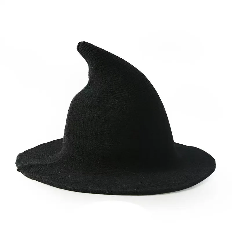 Sombrero de mago de Halloween con ala grande puntiaguda, sombrero de bruja de hip-hop tejido de lana para mujer, sombrero de pescador europeo y americano