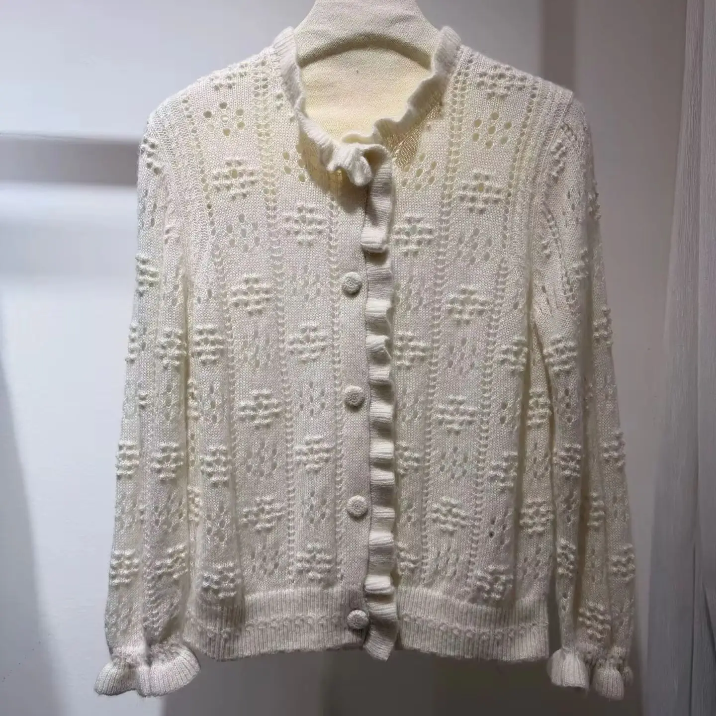 

Women Hollow Out Jacquard Sweater Ruffled Collar Long Sleeve Single Breasted Elegant Slim Knitted Cardigan sweater