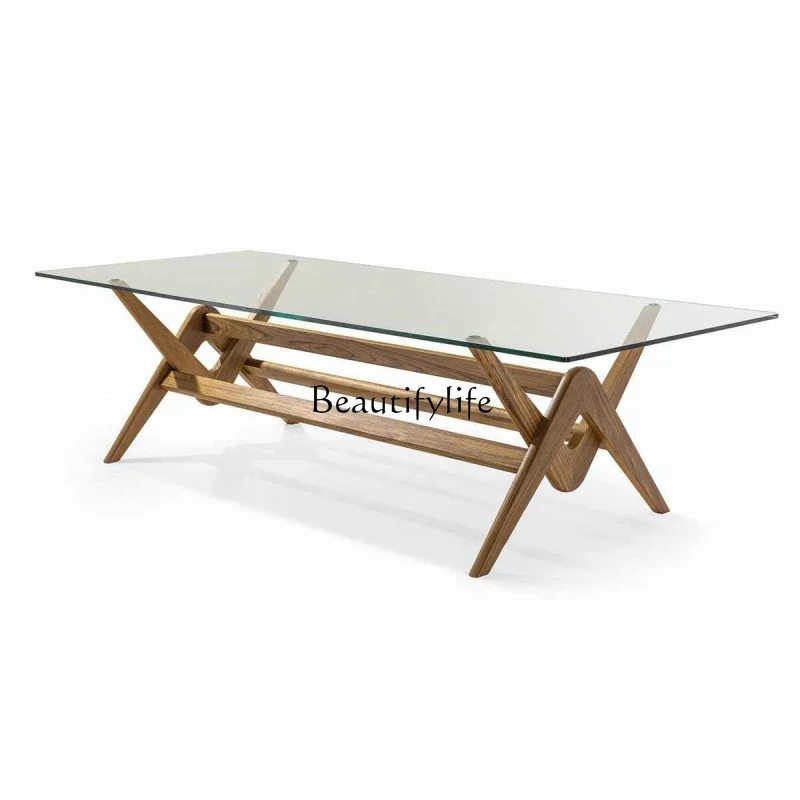 05-Escritório italiano grande mesa de jantar retangular de madeira maciça de vidro plano