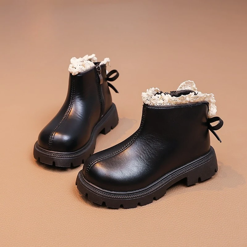 

Новые модные детские ботильоны, милые кружевные элегантные повседневные туфли с рюшами на краях для девочек, детские кожаные ботинки принцессы на молнии