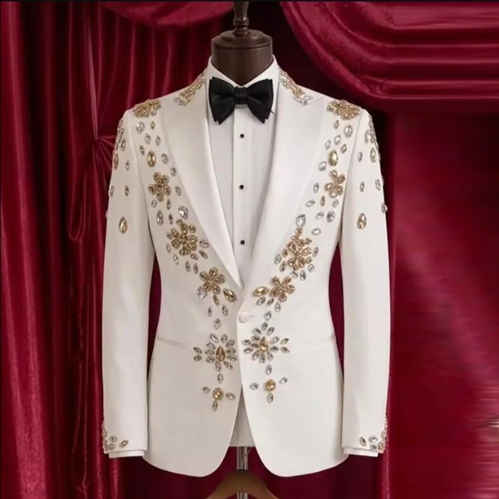 Groom Wear Wedding Tuxedos Suits Luxury Crystal Rhinestones One Button Formal Prom Blazer Customized Man Banquet Outfits 2 Pcs