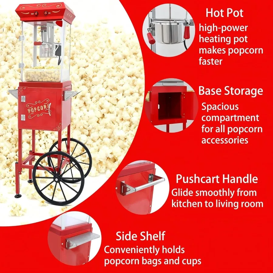 آلة صنع الفشار مع عجلات العربة 8 أوقية الفولاذ المقاوم للصدأ غلاية ماكينة صنع الفشار للمنزل مسرح نمط الحفلات عيد الميلاد سيلي #5