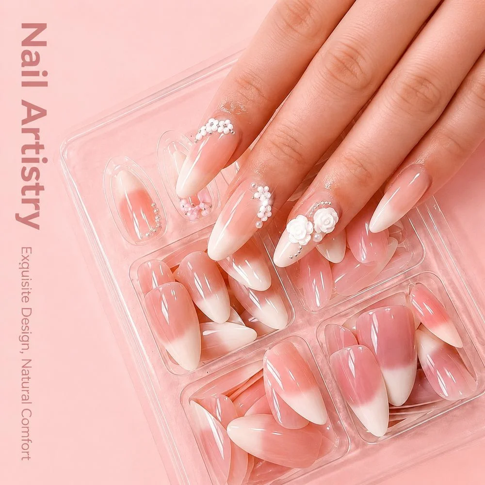 120Pcs Boxed Wearable False Nails Medium Almond Nude Pink Ombre 4 Styles Mixed 3D Rose Pearl Bow Decor Removable Manicure view 2