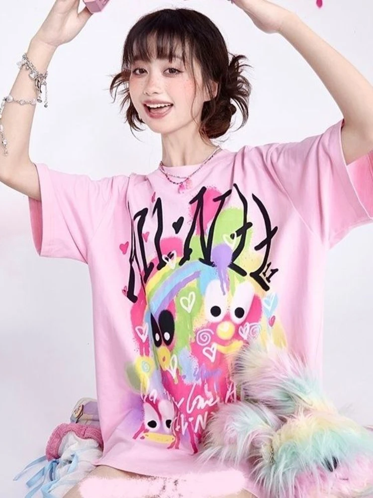 2024 O Neck Tshirts Women Harajuku Short Sleeve Cartoon Print Y2k Aesthetic Graphic T-Shirt Teens Casual Grunge Tees Kawaii Tops