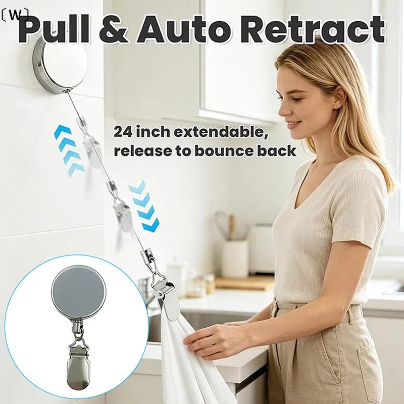 〔W〕1/2/4pcs Retractable Towel Rack Automatic Rebound No Drilling Self-Adhesive Wall-Mounted Hand Towel Holder With Strong Clips