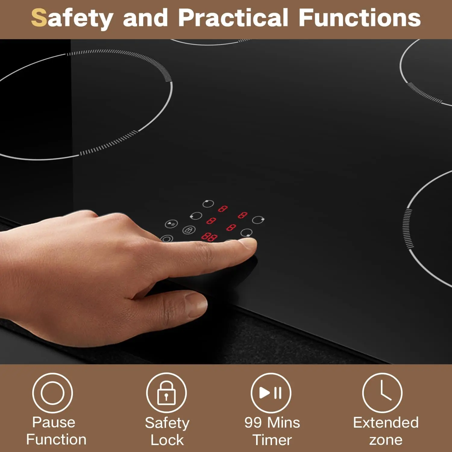 Piano cottura elettrico Piano cottura elettrico da incasso, Fornello elettrico a 4 fuochi 6400 W, Touch Control, Zona estesa, Timer, Blocco di sicurezza, P