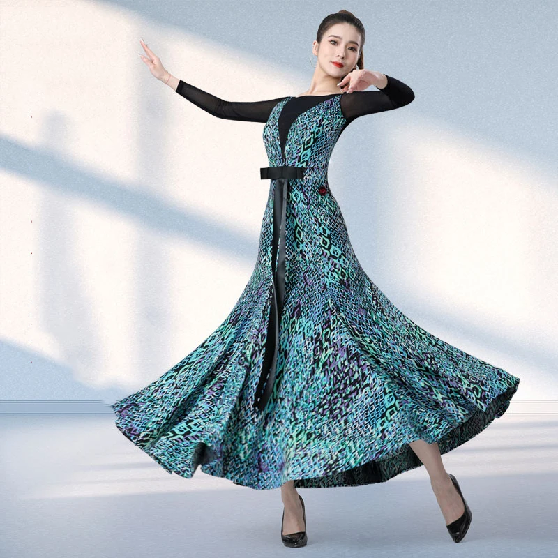 2025 New Ballroom Dance Costumes Competition Dress Modern Dance Women Print Mesh Dress National Standard Dance Clothes DN20995