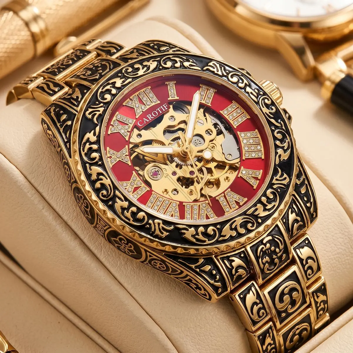 A men's black and red vintage luxury-style fully automatic mechanical watch with exquisite engravings