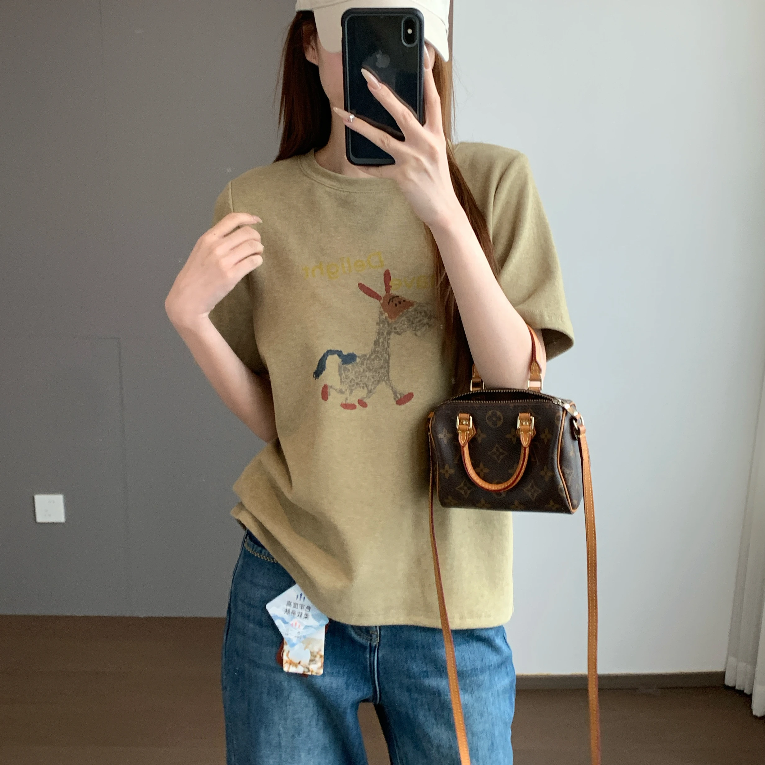 

Новая женская футболка свободного кроя с круглым вырезом и принтом, весна 2026, удобная, дышащая, из смесового хлопка