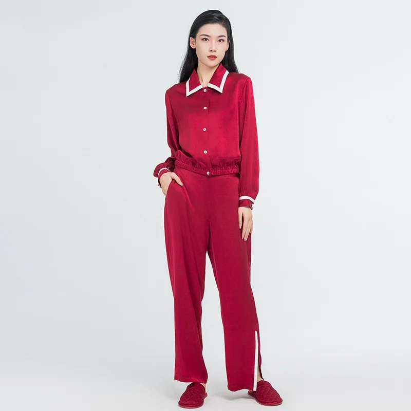 Luxury Mulberry Silk Pajamas Set Women's Pajama Spring and Autumn Style Long Sleeve Home Set Pure Silk Nightwear Sleepwear Wine