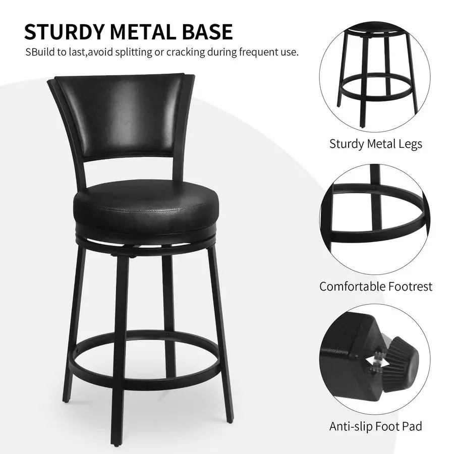 Stools, 25 Inch Metal Counter Height Barstools Set of 2, Faux Leather Round 360 Swivel Bar Chairs with Backrest, Modern Swivel B