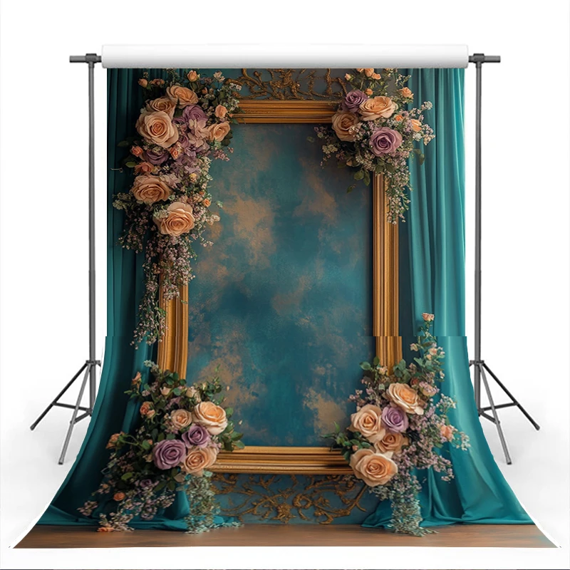 Mocsicka خلفيات التصوير الفوتوغرافي الكلاسيكية الذهب مؤطرة الأزهار الأزرق الستار الخلفيات طفل فتاة عيد ميلاد الأمومة صورة الاستوديو