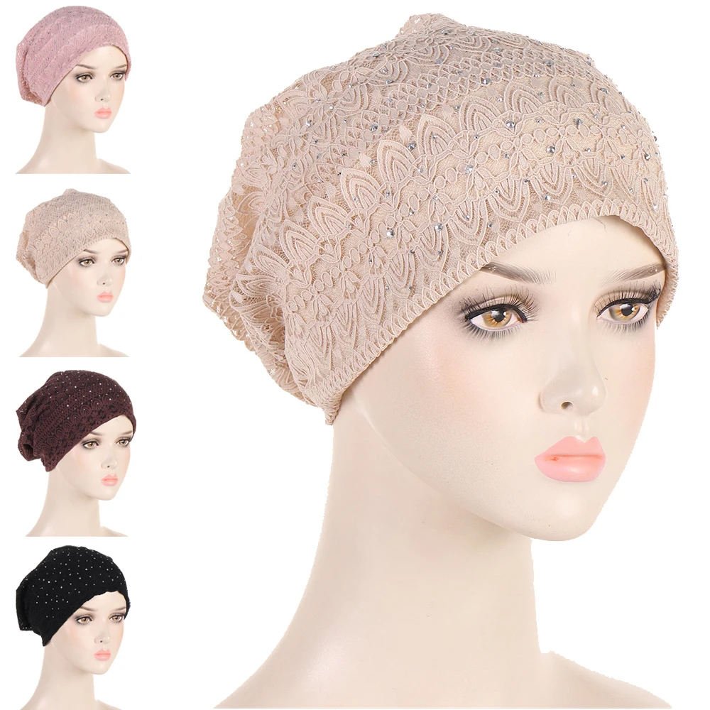 

Diamonds Turban Caps for Women Elastic Wrap Head Bonnet Muslim Hijab Turbans Beanie Headscarf Pullover Baggy Hat Chemo Headwear