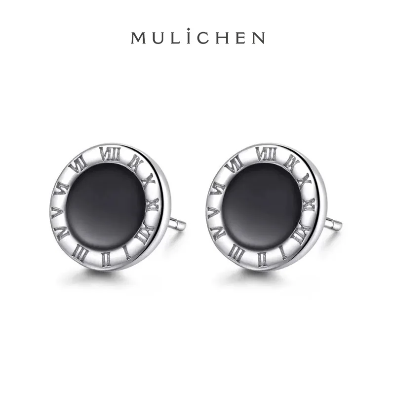 Roman Numeral Men's Stud Earrings for Boyfriend Lover Round Black Agate Hip Hop S925 Sterling Silver Earrings Jewelry