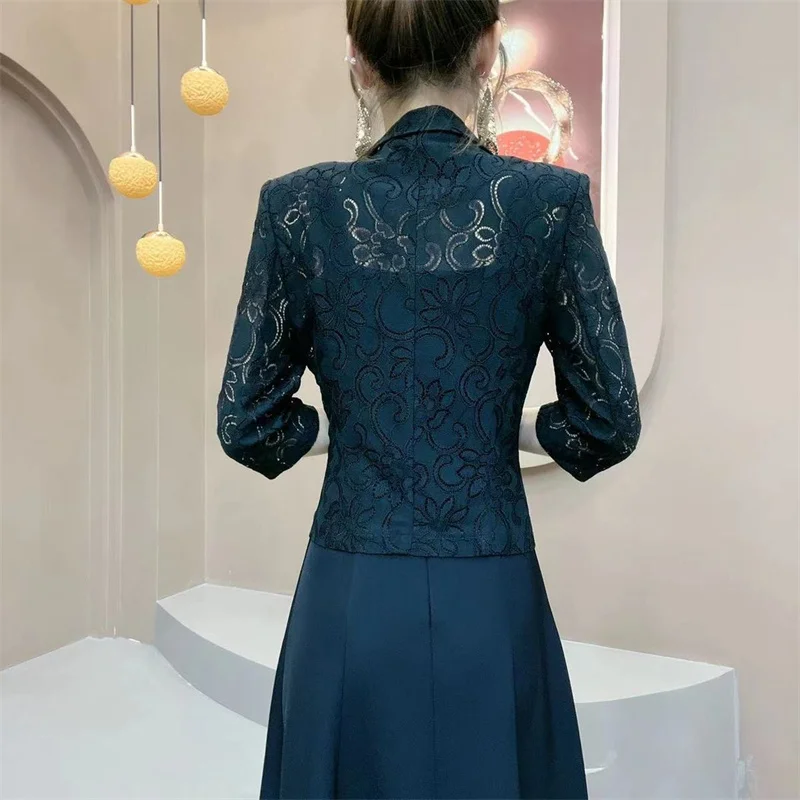 Summer New Blazer Women\'s Korean Fashion Lace Hollowed Out Cropped Sleeves Temperament Slim Lady Sunscreen Clothing Tops 2024