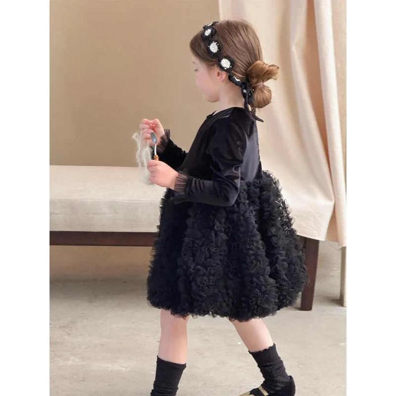 

Girls Dress Korean Childrens Wear 2025 Autumn New Style Black Velvet Yarn Skirt Flower Bud Skirt Birthday Skirt Princess