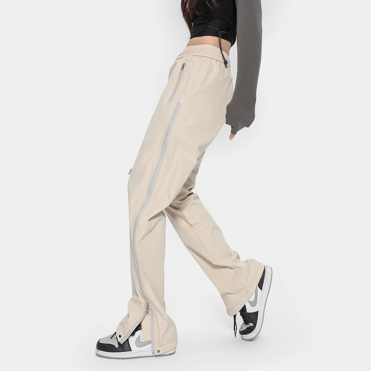 กางเกงลำลองทรงตรงสไตล์อเมริกัน ยี่ห้อแฟชั่น รุ่น Y2K สำหรับผู้หญิง มีซิปที่ปลายขา ดีไซน์บางเบา มีเชือกผูก รุ่นทันสมัย