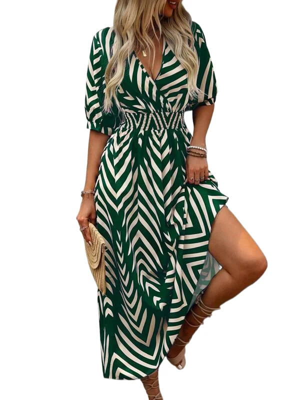 

Fashion Geometric Print A-line Dress For Woman Elegant V Neck Half Sleeve Elastic Waist Midi Dresses 2024 Spring Summer New